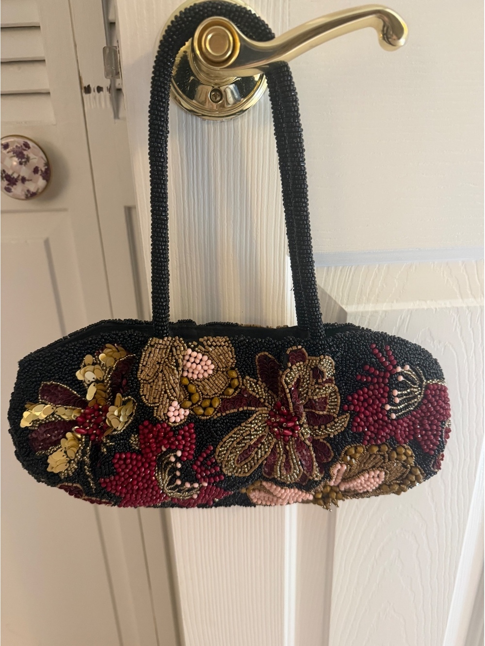 Beaded Floral Embellished Black Shoulder Bag